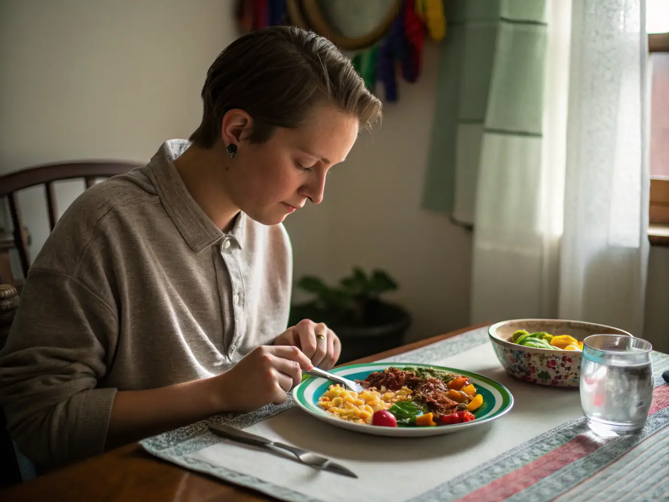 A calming image of a person practicing mindful eating, representing the 'Mindful Eating' package. The setting is a serene environment, promoting relaxation and awareness.