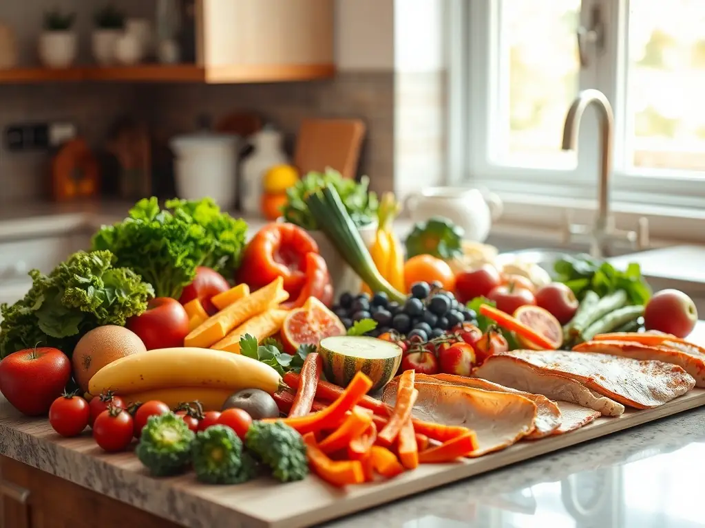 A vibrant image showcasing a balanced meal plan with diverse food groups, representing the 'Balanced Start' package. The setting is a modern kitchen, emphasizing healthy eating at home.